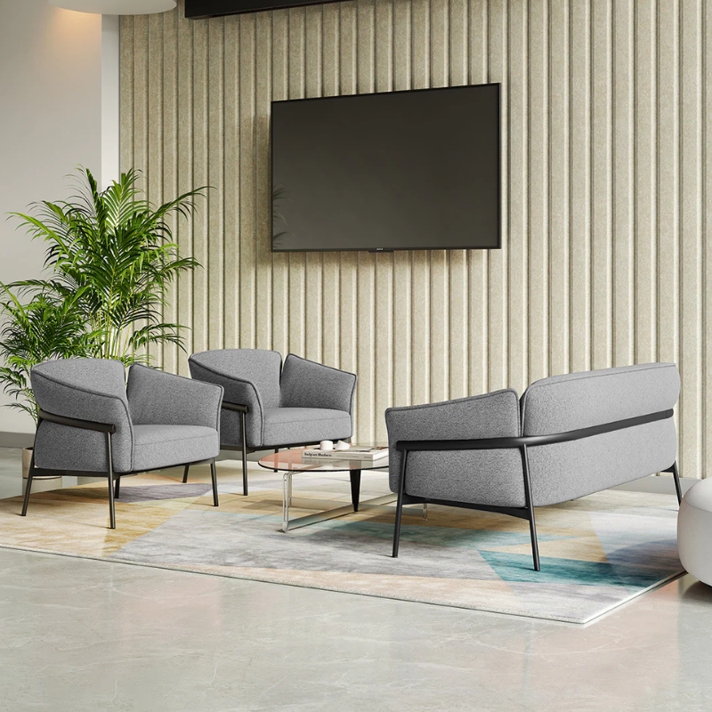 Sofá de espera ISABELA OHM-51003 gris con estructura metálica negra, diseño moderno para sala de espera